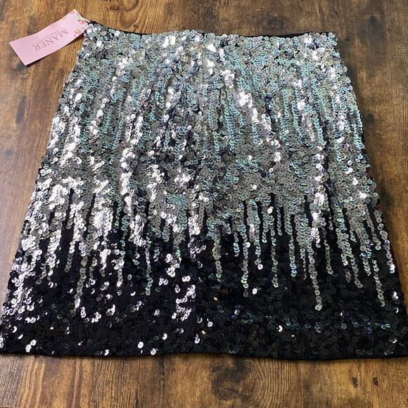 NWT Maner Black/Silver Ombre sequin skirt bodycon Sz L Glitter - Picture 2 of 5